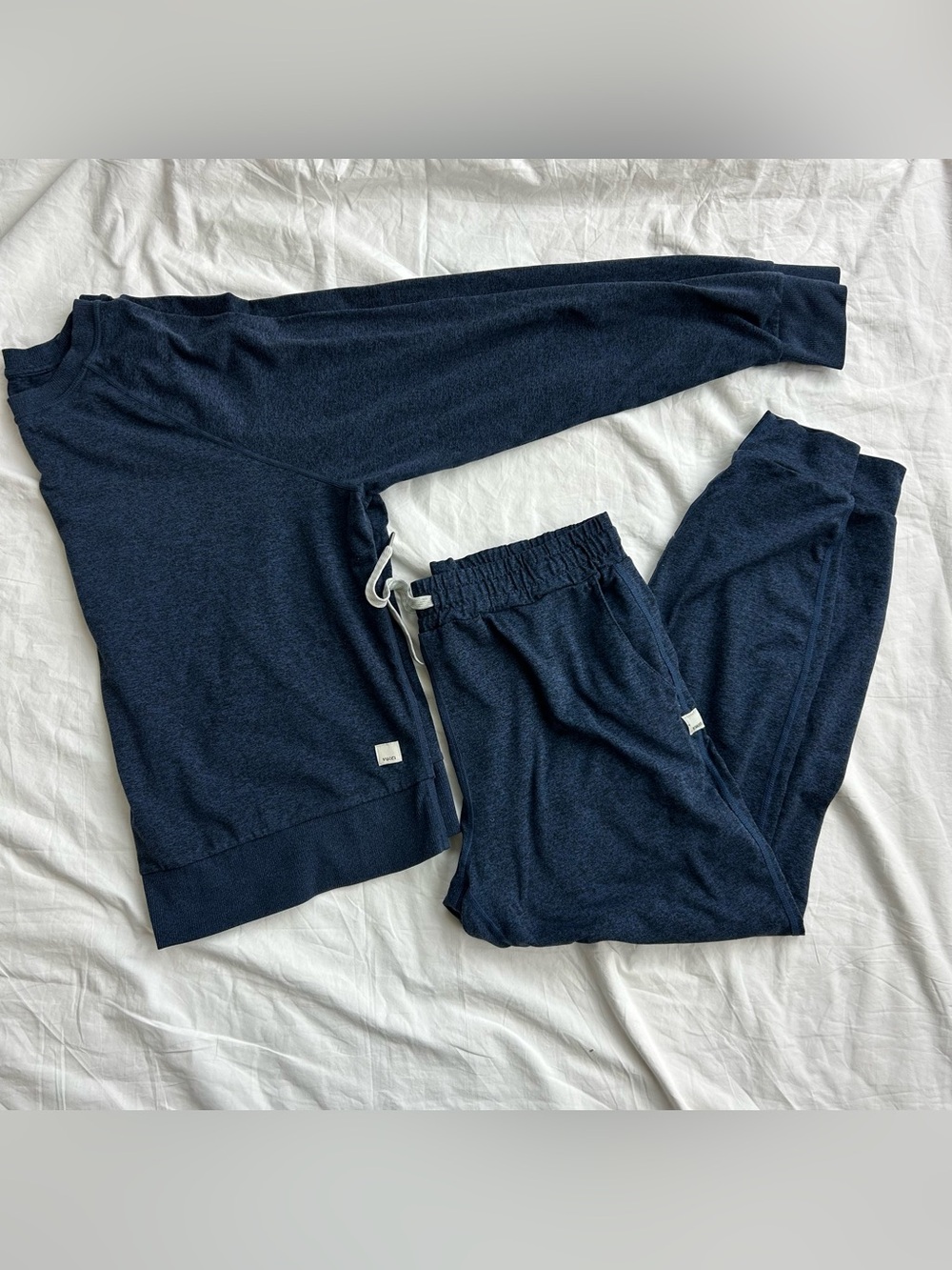 Vuori Heathered Navy Blue Performance Crewneck + Jogger Set